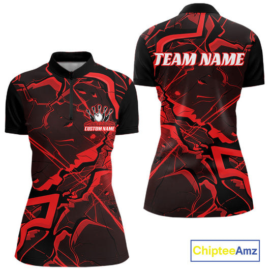 Front and back womens bowling quarter-zip featuring a black and red cracked geometric pattern with futuristic design accents.