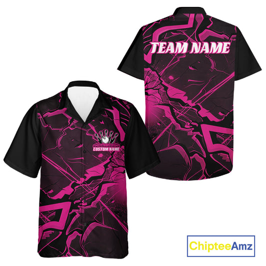 Button-up bowling shirt mockup with black and pink cracked geometric pattern and futuristic angular artwork.