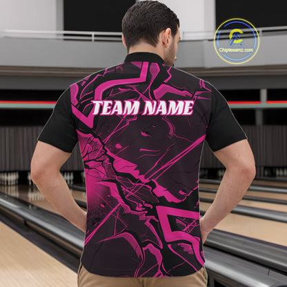Front view of a mens black and pink bowling quarter-zip displaying cracked geometric linework.