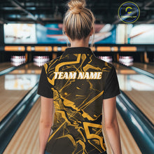 Load image into Gallery viewer, Back view of a womens black and yellow bowling polo displaying cracked geometric linework and bold accents.