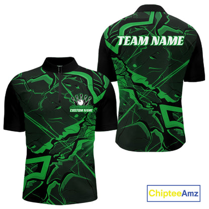 Front and back mens black and green bowling quarter-zip featuring a cracked geometric pattern with angular futuristic lines.