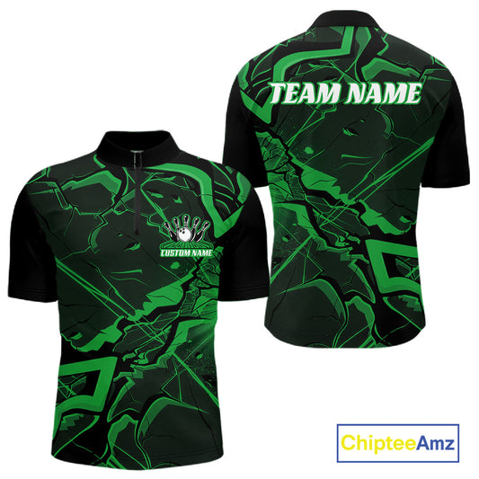 Front and back mens black and green bowling quarter-zip featuring a cracked geometric pattern with angular futuristic lines.
