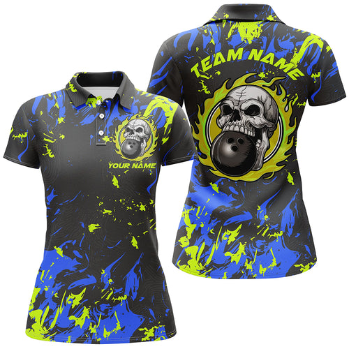 Custom Blue And Green Bowling Jerseys For Women, Flame Skull Bowling Team Shirts IPHW6707