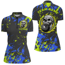 Load image into Gallery viewer, Custom Blue And Green Bowling Jerseys For Women, Flame Skull Bowling Team Shirts IPHW6707