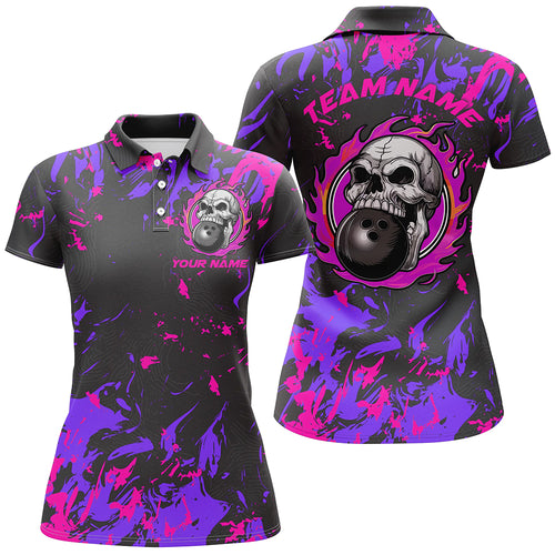 Custom Pink And Purple Bowling Jerseys For Women, Flame Skull Bowling Team Shirts IPHW6708