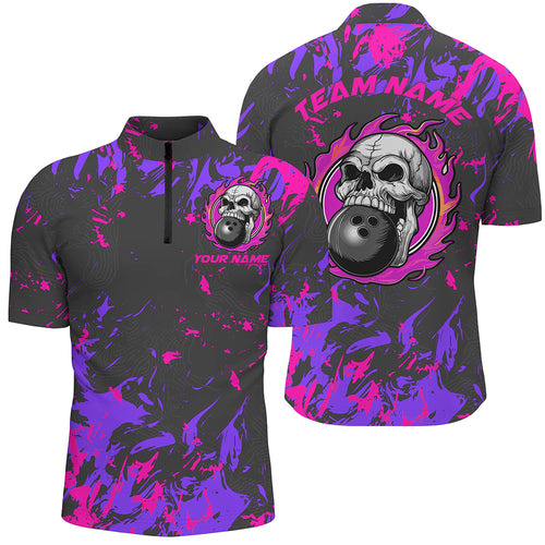 Custom Pink And Purple Bowling Jerseys For Men And Women, Flame Skull Bowling Team Shirts IPHW6708