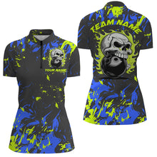 Load image into Gallery viewer, Custom Blue And Green Bowling Jerseys For Women, Flame Skull Bowling Team Shirts IPHW6709