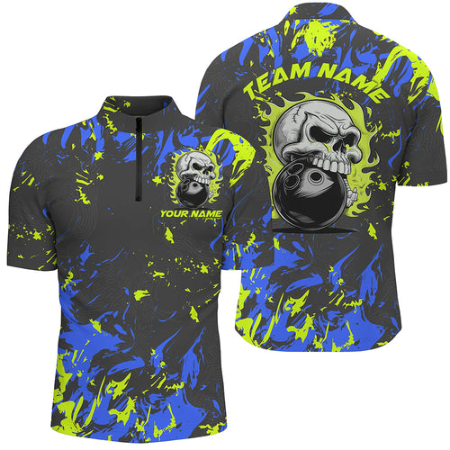 Custom Blue And Green Bowling Jerseys For Men And Women, Flame Skull Bowling Team Shirts IPHW6709