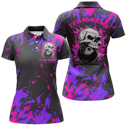 Custom Pink And Purple Bowling Jerseys For Women, Flame Skull Bowling Team Shirts IPHW6710