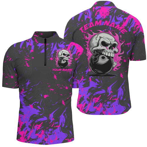 Custom Pink And Purple Bowling Jerseys For Men And Women, Flame Skull Bowling Team Shirts IPHW6710