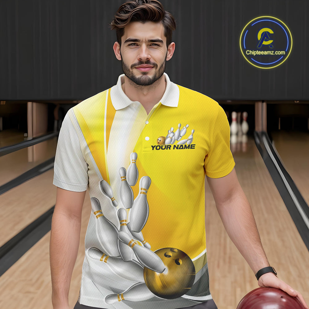 Custom Gold Bowling Polo Shirts For Men, Bowling Team Shirt Bowlers Outfit IPHW9230
