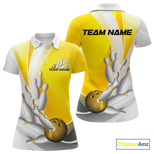 Custom Gold Bowling Polo Shirts For Women, Bowling Team Shirt Bowlers Outfit IPHW9230