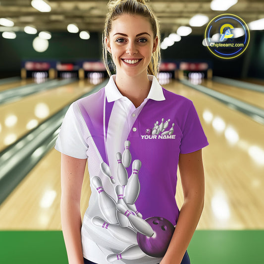 Custom Purple Bowling Polo Shirts For Women, Bowling Team Shirt Bowlers Outfit IPHW9231