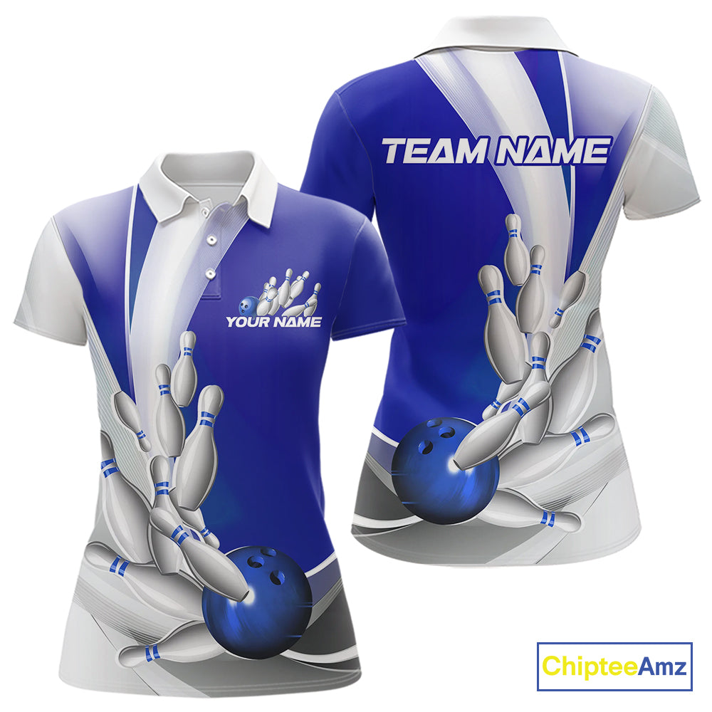 Custom Blue Bowling Polo Shirts For Women, Bowling Team Shirt Bowlers Outfit IPHW9232