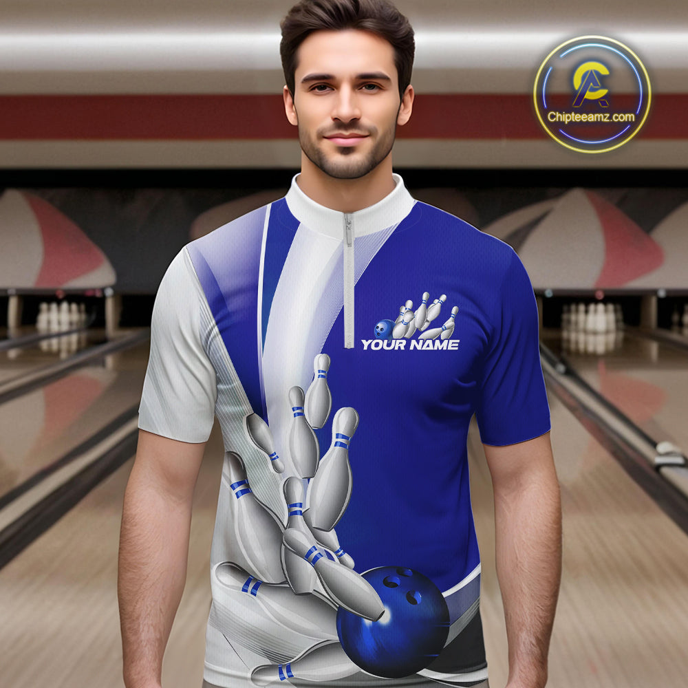 Custom Blue Bowling Quarter-Zip Shirts For Men, Bowling Team Shirt Bowlers Outfit IPHW9232