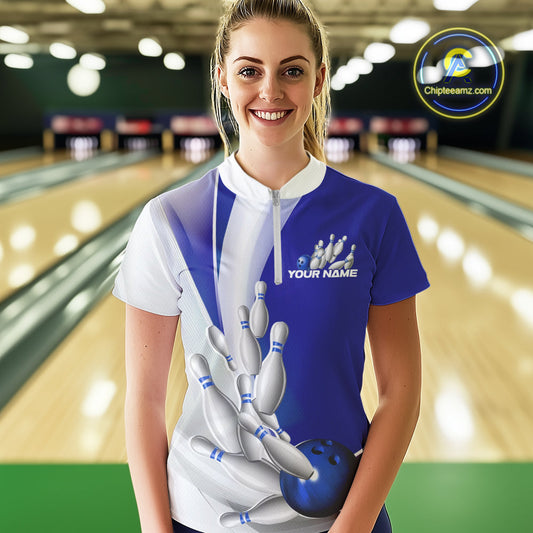 Custom Blue Bowling Quarter-Zip Shirts For Women, Bowling Team Shirt Bowlers Outfit IPHW9232