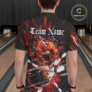 Custom Flame Skull Bowling Team Men Polo Shirts, Fire Halloween Bowler Outfit Uniform IPHW9583