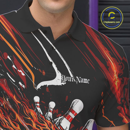 Custom Flame Skull Bowling Team Men Polo Shirts, Fire Halloween Bowler Outfit Uniform IPHW9583