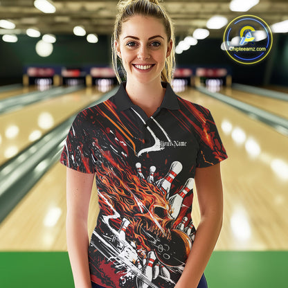 Custom Flame Skull Bowling Team Women Polo Shirts, Fire Halloween Bowler Outfit Uniform IPHW9583