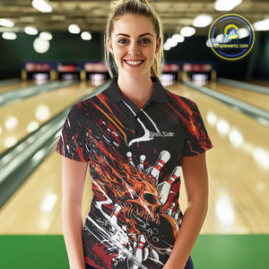 Custom Flame Skull Bowling Team Women Polo Shirts, Fire Halloween Bowler Outfit Uniform IPHW9583