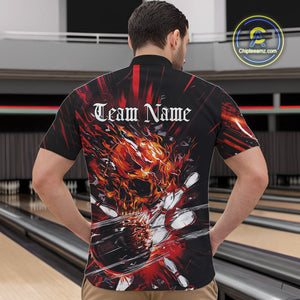 Custom Flame Skull Bowling Team Men Quarter-Zip Shirts, Fire Halloween Bowler Outfit Uniform IPHW9583