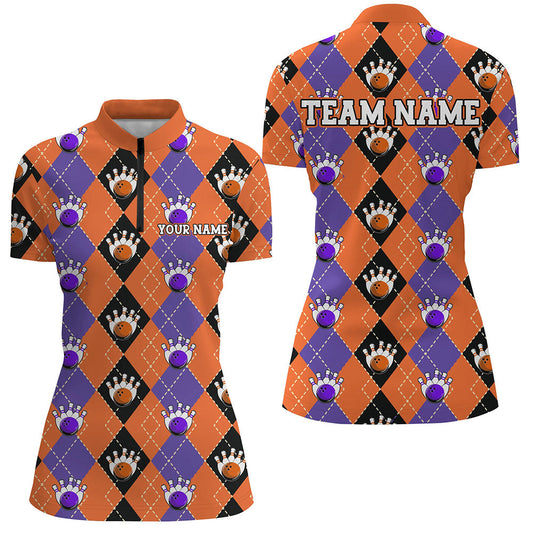 Purple And Orange Argyle Custom Ladies Bowling Shirts, Fall Season Halloween Bowler Outfits IPHW7296