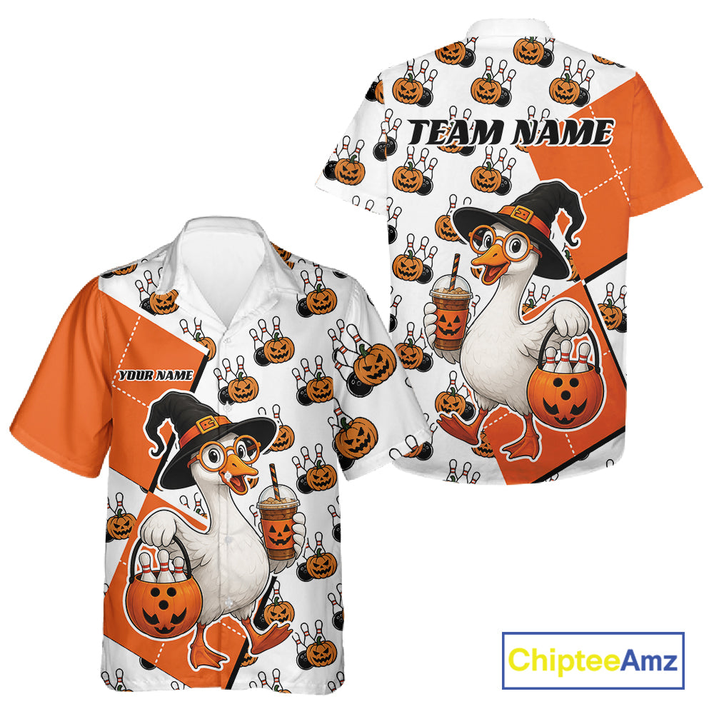 Custom Funny Halloween Goose Bowling Men And Women Button Up Shirt, Orange Halloween Outfit IPHW11984