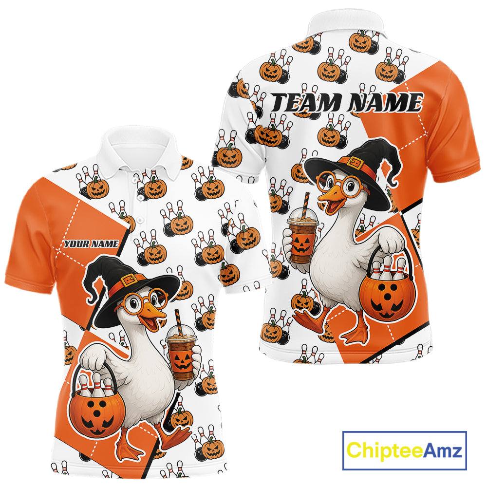 Custom Funny Halloween Goose Bowling Men Polo Shirt, Orange Halloween Outfit IPHW11984