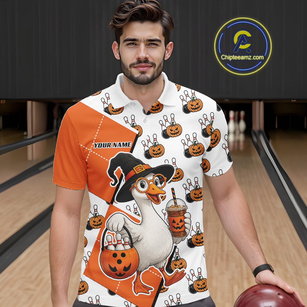 Custom Funny Halloween Goose Bowling Men Polo Shirt, Orange Halloween Outfit IPHW11984