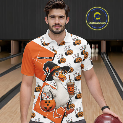 Custom Funny Halloween Goose Bowling Men Polo Shirt, Orange Halloween Outfit IPHW11984
