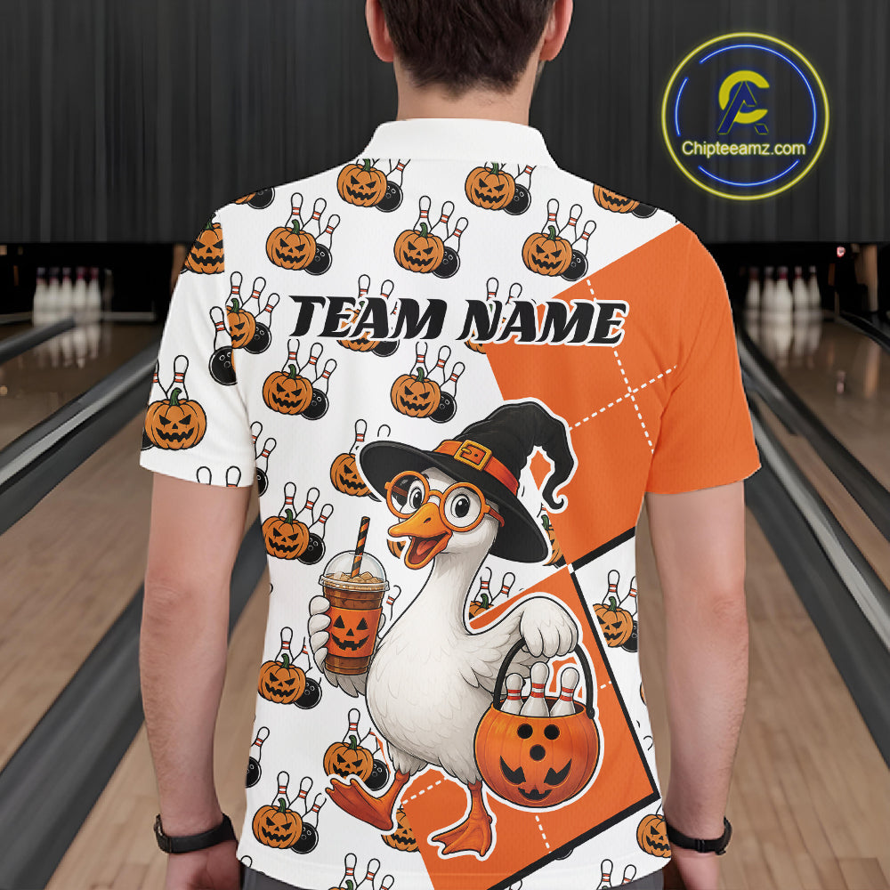 Custom Funny Halloween Goose Bowling Men Polo Shirt, Orange Halloween Outfit IPHW11984