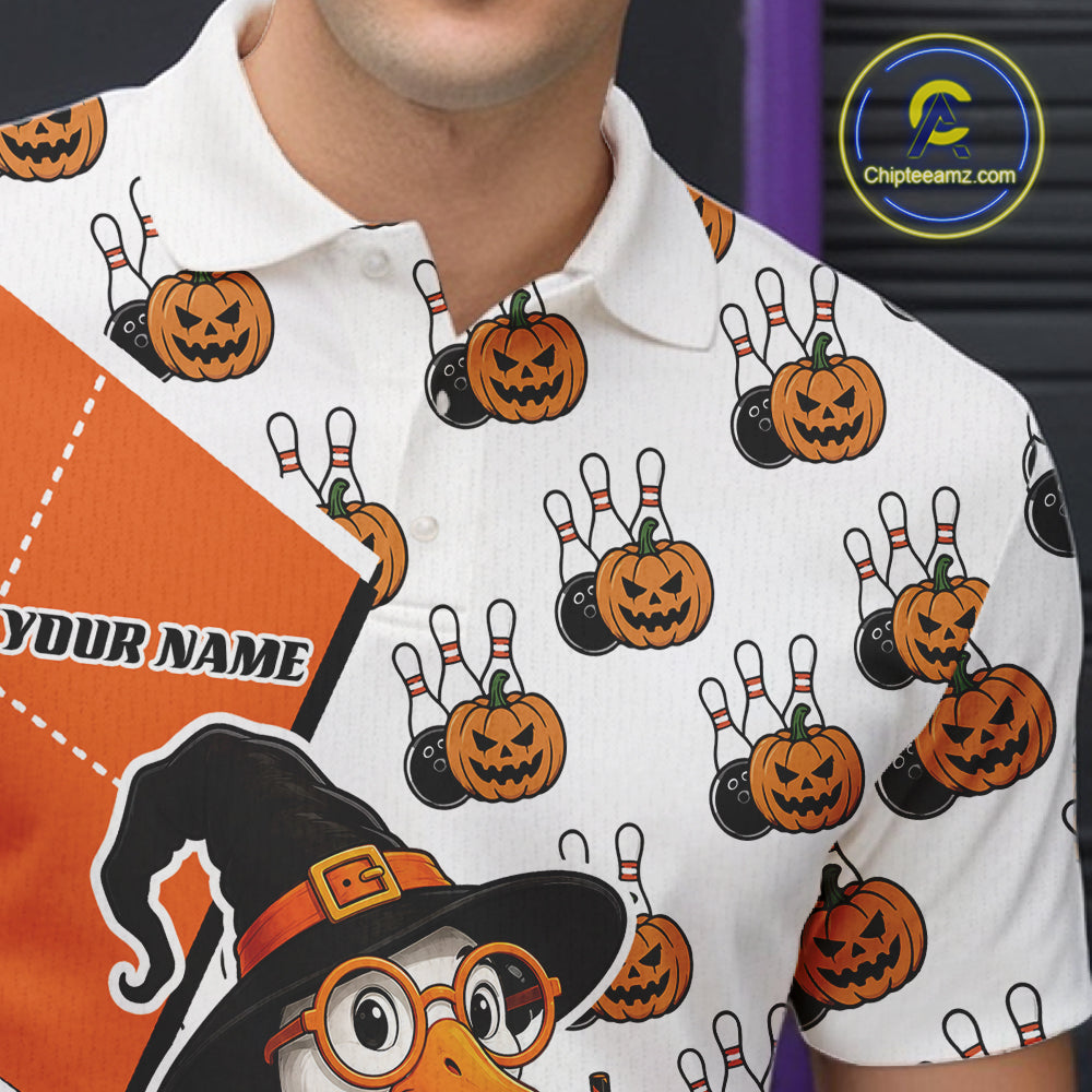 Custom Funny Halloween Goose Bowling Men Polo Shirt, Orange Halloween Outfit IPHW11984