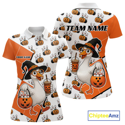 Custom Funny Halloween Goose Bowling Women Polo Shirt, Orange Halloween Outfit IPHW11984