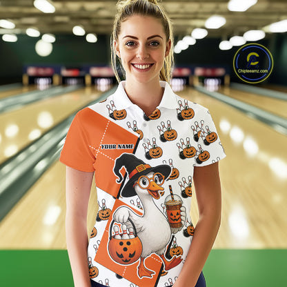 Custom Funny Halloween Goose Bowling Women Polo Shirt, Orange Halloween Outfit IPHW11984