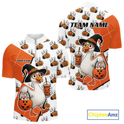 Custom Funny Halloween Goose Bowling Men Quarter Zip Shirt, Orange Halloween Outfit IPHW11984