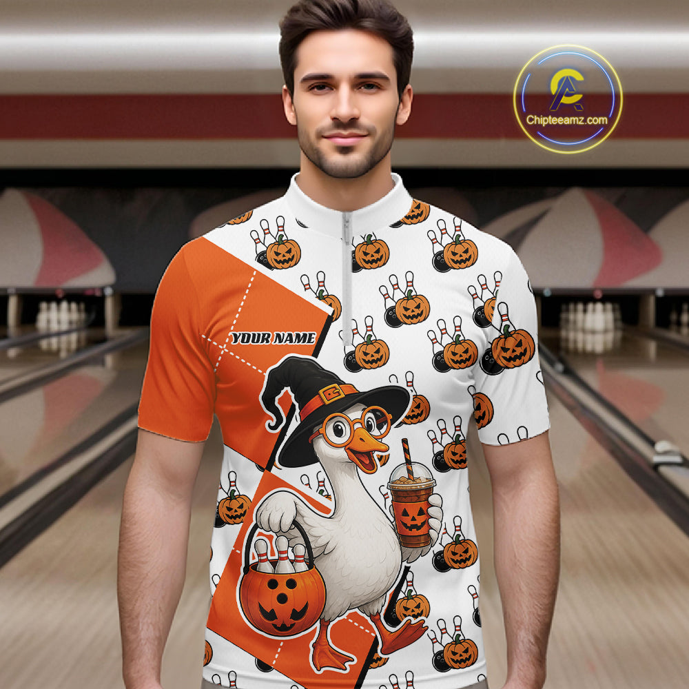 Custom Funny Halloween Goose Bowling Men Quarter Zip Shirt, Orange Halloween Outfit IPHW11984