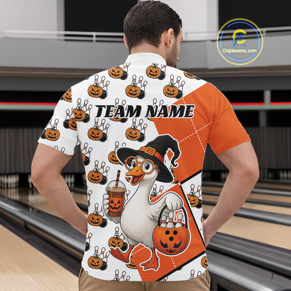 Custom Funny Halloween Goose Bowling Men Quarter Zip Shirt, Orange Halloween Outfit IPHW11984