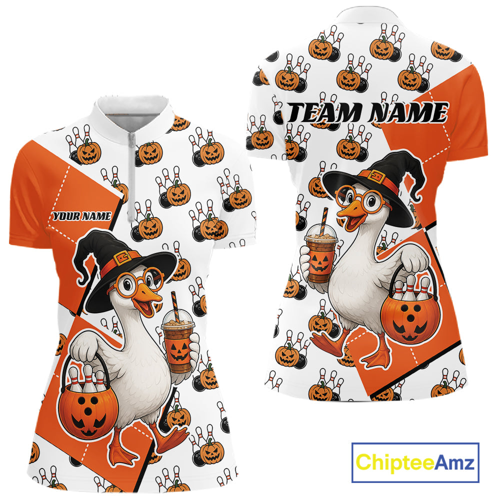 Custom Funny Halloween Goose Bowling Women Quarter-Zip Shirt, Orange Halloween Outfit IPHW11984