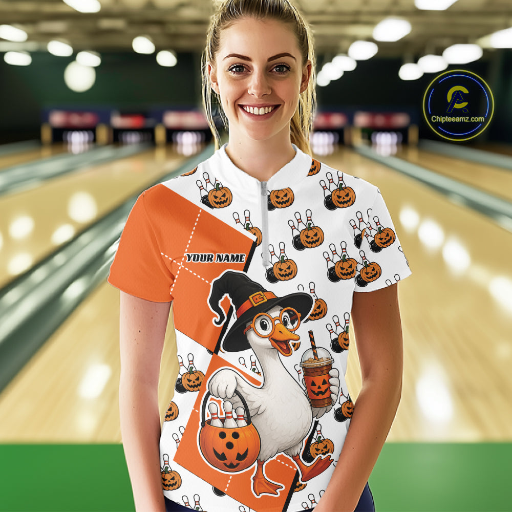 Custom Funny Halloween Goose Bowling Women Quarter-Zip Shirt, Orange Halloween Outfit IPHW11984