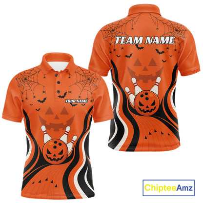 Custom Orange Jack O Lantern And Spider Web Halloween Bowling Men Polo Shirt IPHW11990