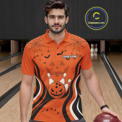Custom Orange Jack O Lantern And Spider Web Halloween Bowling Men Polo Shirt IPHW11990