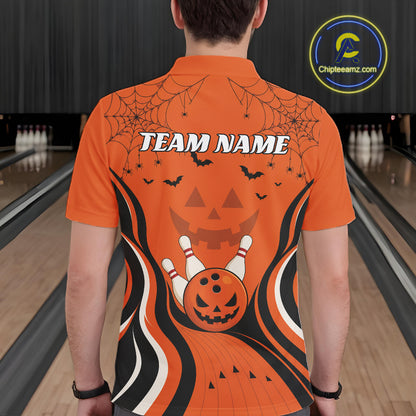 Custom Orange Jack O Lantern And Spider Web Halloween Bowling Men Polo Shirt IPHW11990