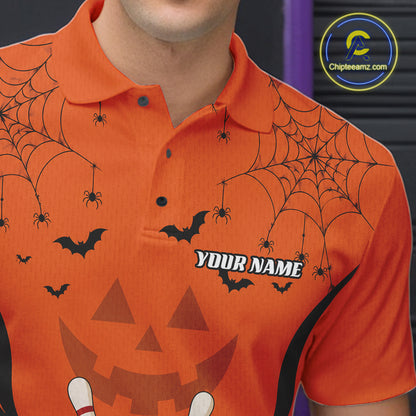 Custom Orange Jack O Lantern And Spider Web Halloween Bowling Men Polo Shirt IPHW11990