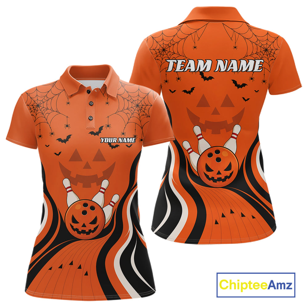 Custom Orange Jack O Lantern And Spider Web Halloween Bowling Women Polo Shirt IPHW11990
