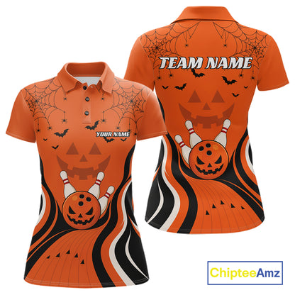 Custom Orange Jack O Lantern And Spider Web Halloween Bowling Women Polo Shirt IPHW11990
