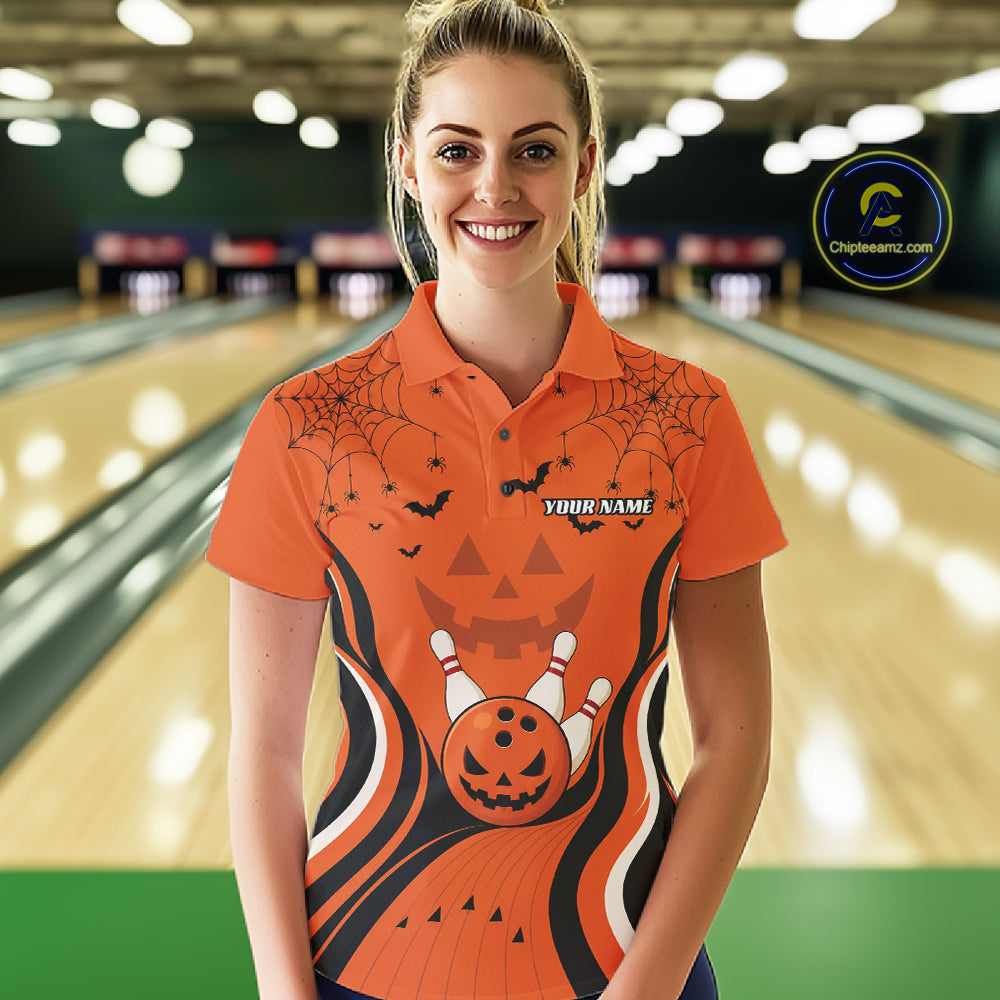 Custom Orange Jack O Lantern And Spider Web Halloween Bowling Women Polo Shirt IPHW11990