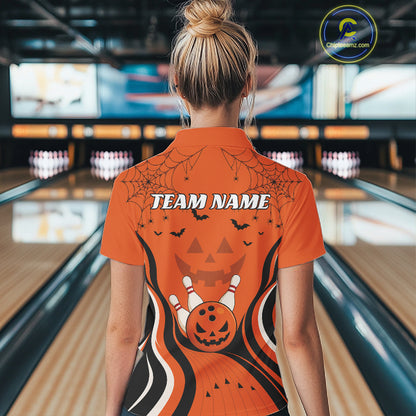 Custom Orange Jack O Lantern And Spider Web Halloween Bowling Women Polo Shirt IPHW11990