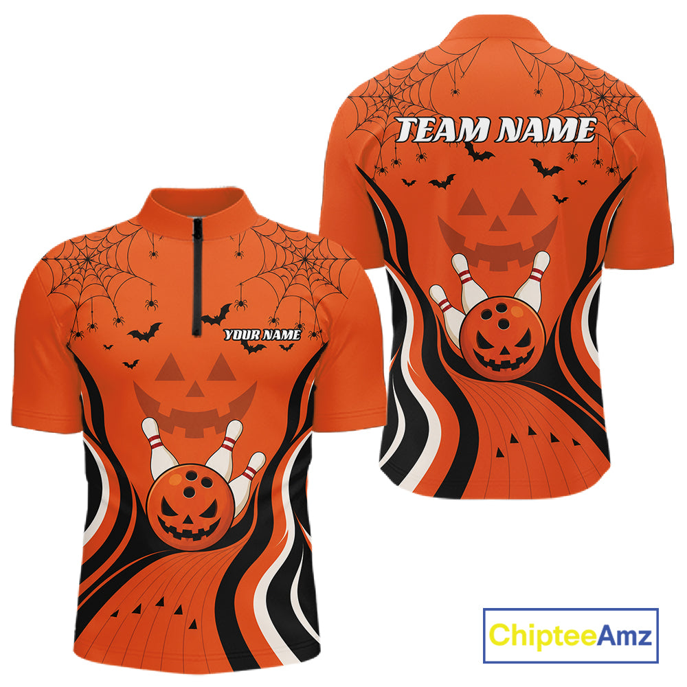 Custom Orange Jack O Lantern And Spider Web Halloween Bowling Men Quarter Zip Shirt IPHW11990