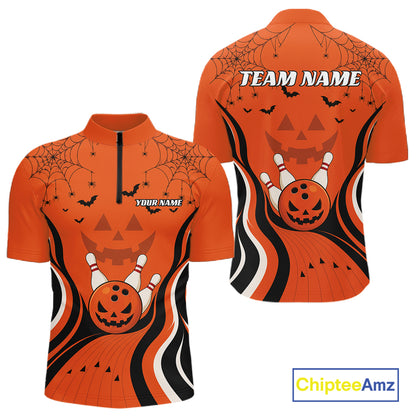 Custom Orange Jack O Lantern And Spider Web Halloween Bowling Men Quarter Zip Shirt IPHW11990
