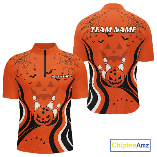 Custom Orange Jack O Lantern And Spider Web Halloween Bowling Men Quarter Zip Shirt IPHW11990